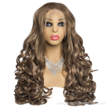 180% Long Deep Wave Gold Blonde Ombre Synthetic Lace Front Wigs Free Part High Temperature Fiber 26"Hair Wig For Women